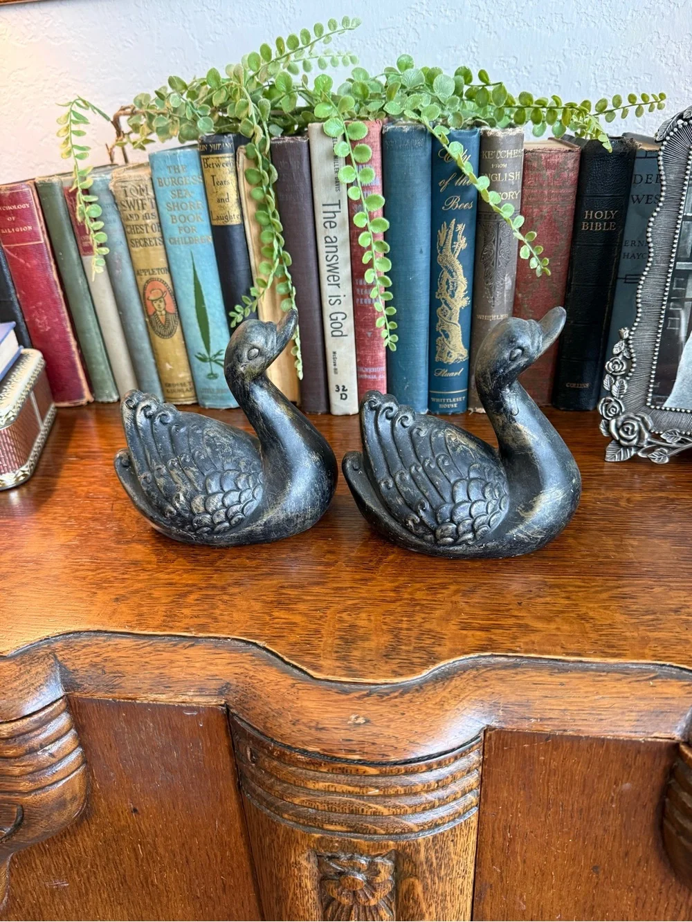 Vintage MCM Swan Figurine Pair • Black Matte with Gold Accent